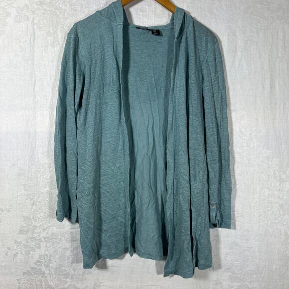 Tahari Cardigan Small Teal 100% Linen Hooded Open Lightweight Tunic - Picture 1 of 9
